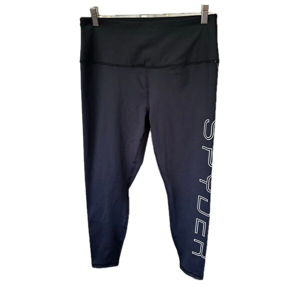 NWT Spyder Women's Active Training Vertical Logo Leggings Crop Yoga Pants Blk L - Picture 1 of 6